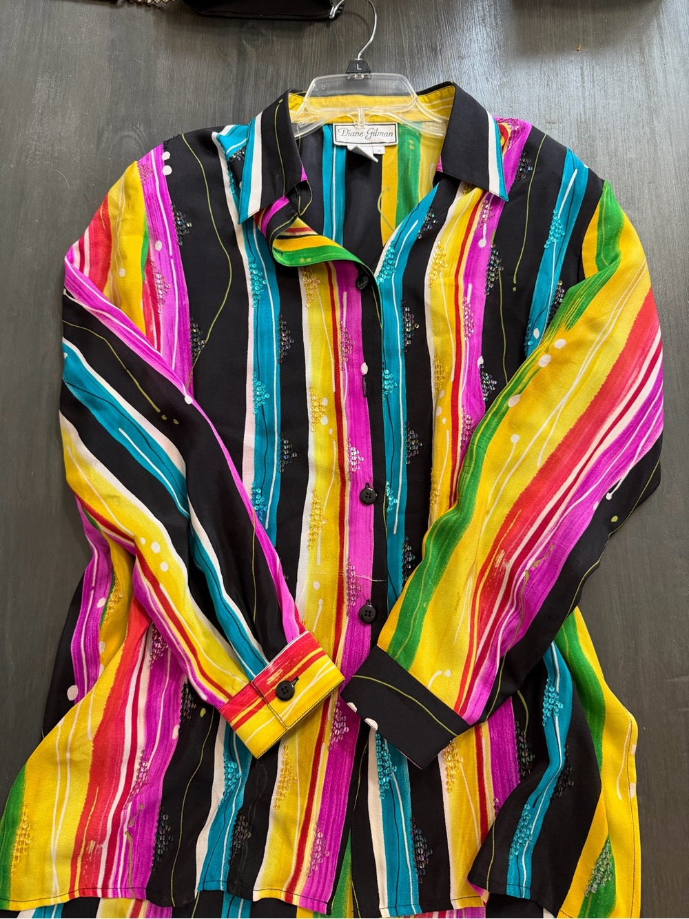 Diane Gilman 100% Silk Multicolor Striped Button Front Blouse Medium